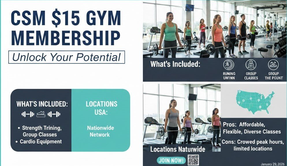 CSM $15 Gym Membership: Pricing, What’s Included, Locations in the USA, Pros, Cons, and How to Join