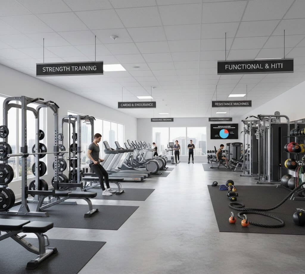 Modern gym with strength and cardio equipment.